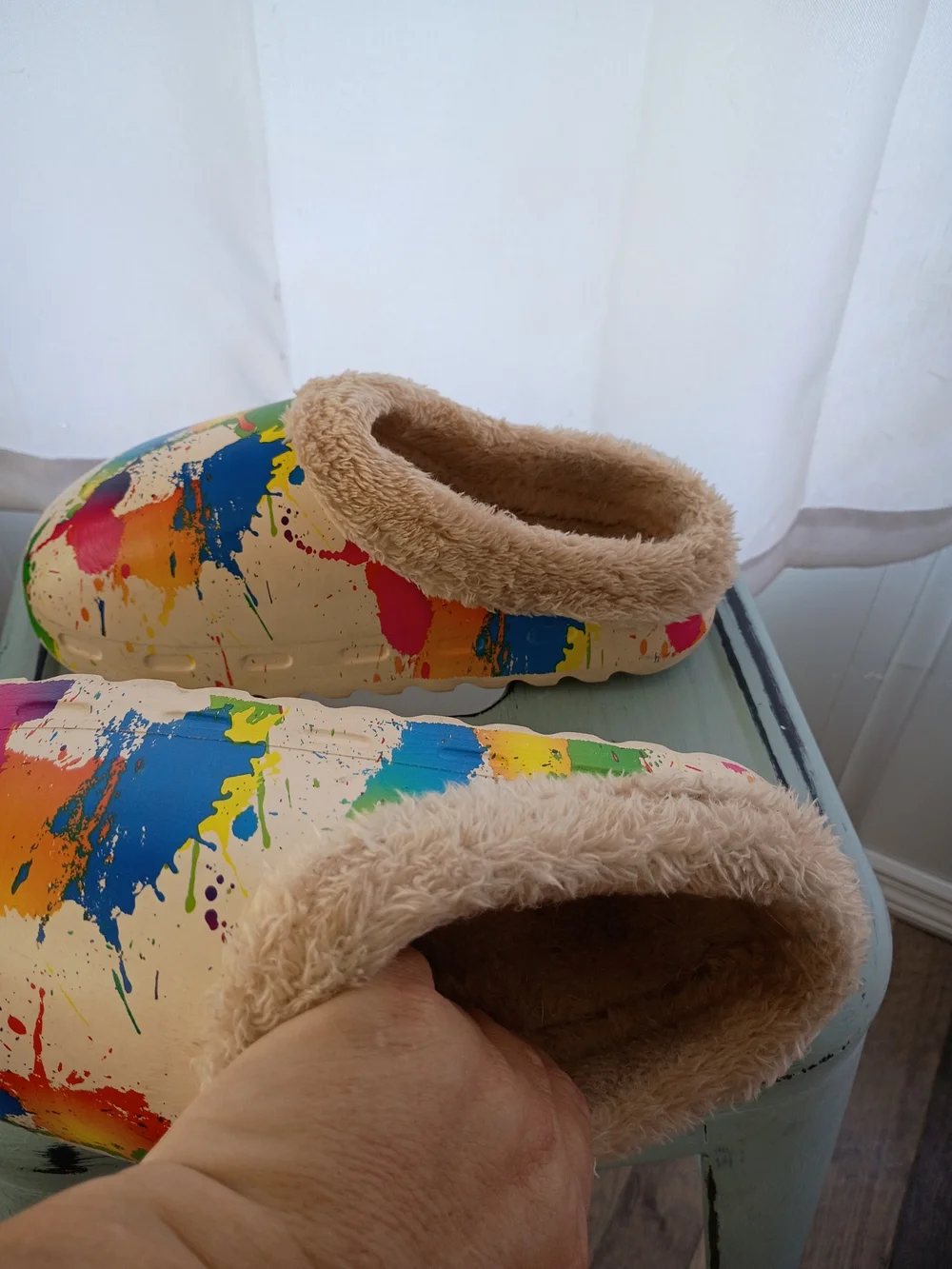 Men's Winter Style Fuzzy Lined Paint Splatter Clog Slippers EU 35-36 Boys US 5-6